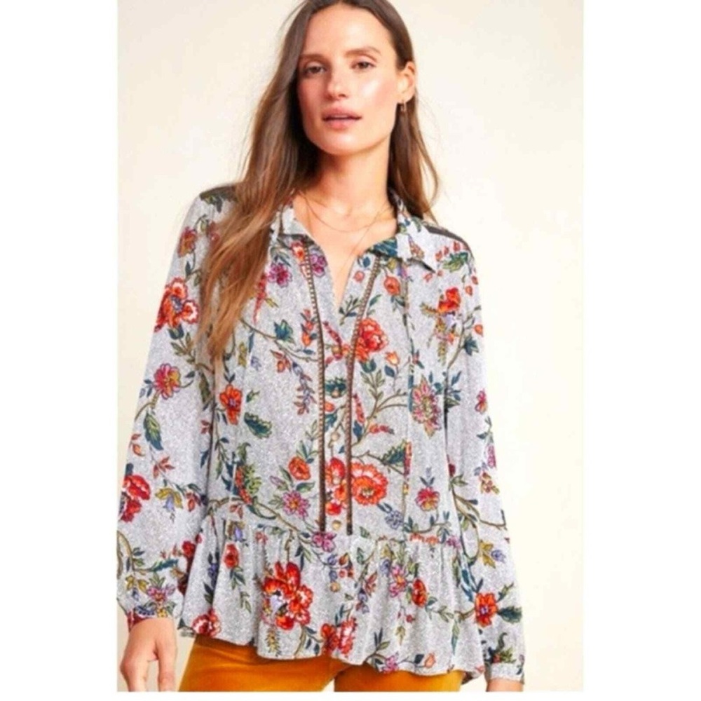 Maeve by Anthropology Janie Flounced Peasant Floral Blouse Sz 0